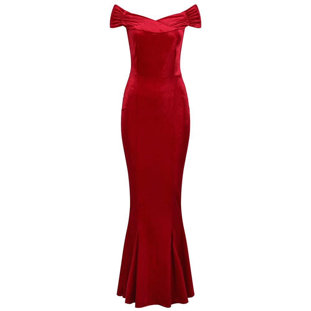 Red Cap Sleeve Crossover Bust Fishtail Hem Velour Maxi Dress - Pretty Kitty Fashion
