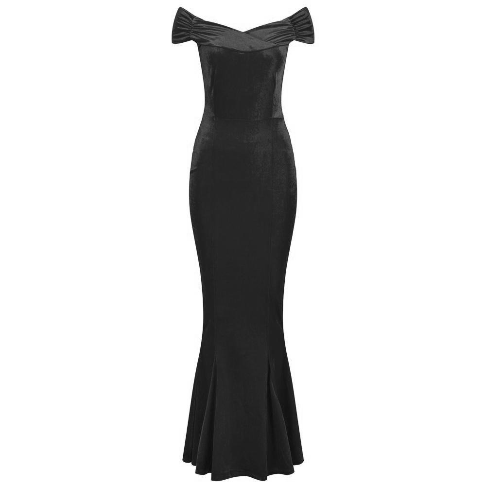 black bardot cut out fishtail maxi dress Celinea | Black Satin Bardot-Neck Maxi Dress With Front-High Split