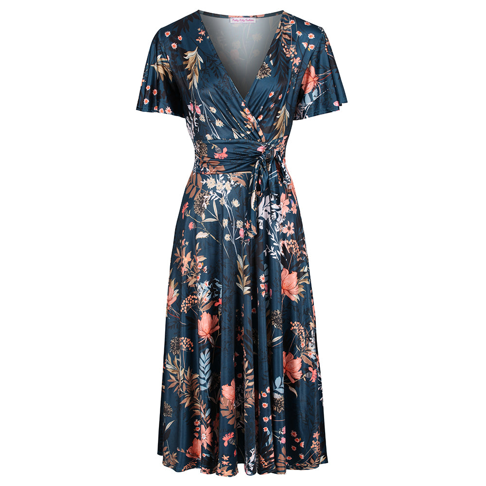 1950s Dark Teal Green Floral Empire Line Dress Vintage Inspired V Neck Floaty Sleeve Midi Dress UK Made Pretty Kitty Fashion 1950s Dark Teal Green Floral Empire Line Dress Vintage Inspired V Neck Floaty Sleeve Midi Dress UK Made Pretty Kitty Fashion