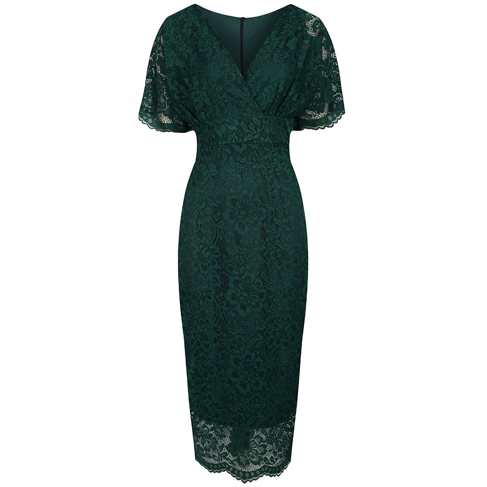 Forest Green Vintage Lace Detail Bodycon Midi Dress - Pretty Kitty Fashion