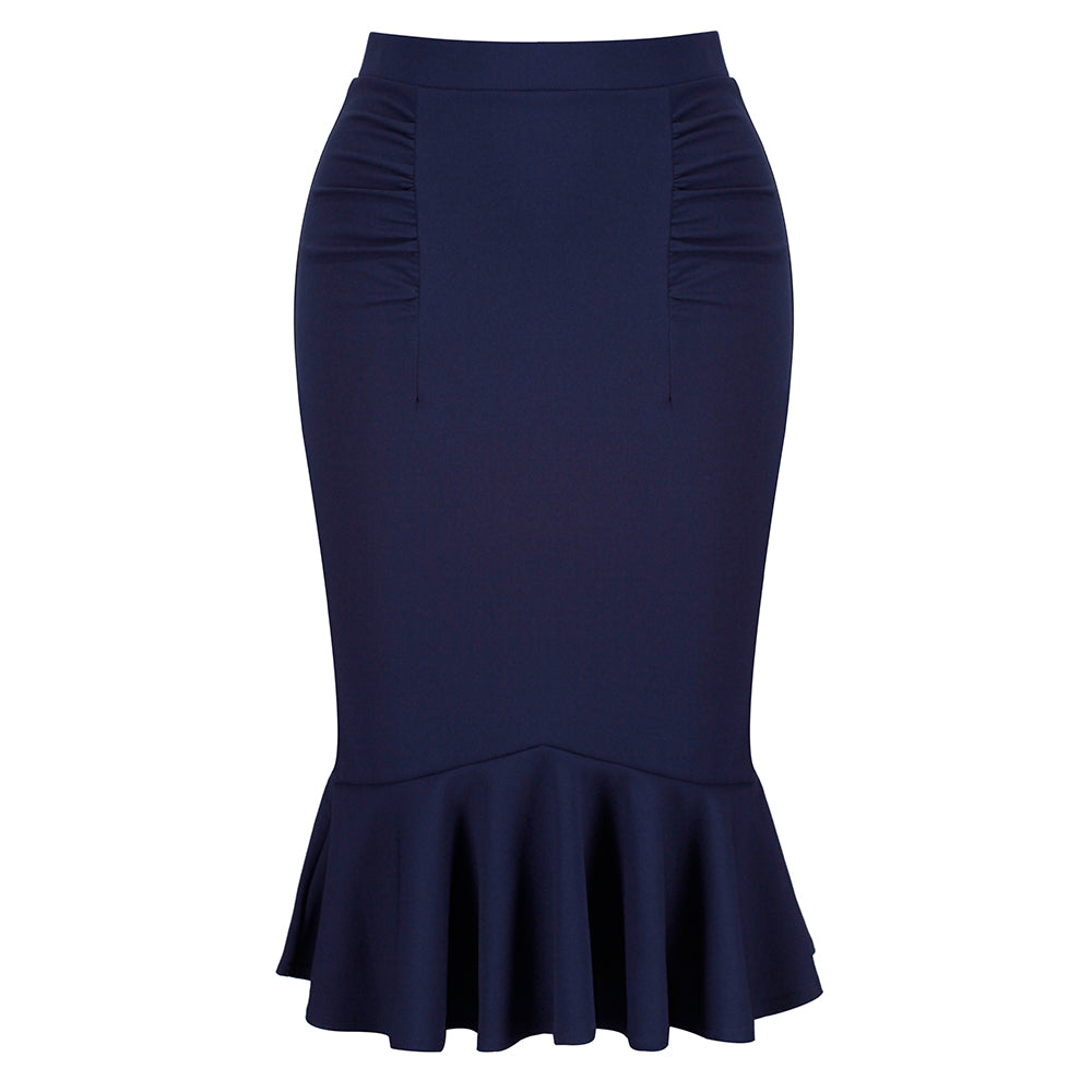 Navy Blue Peplum Fishtail Stretch Pencil Bodycon Skirt - Pretty Kitty Fashion