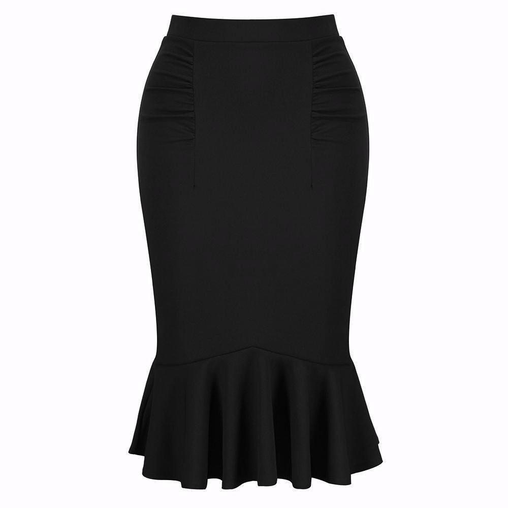 Black Peplum Fishtail Stretch Pencil Bodycon Skirt - Pretty Kitty Fashion