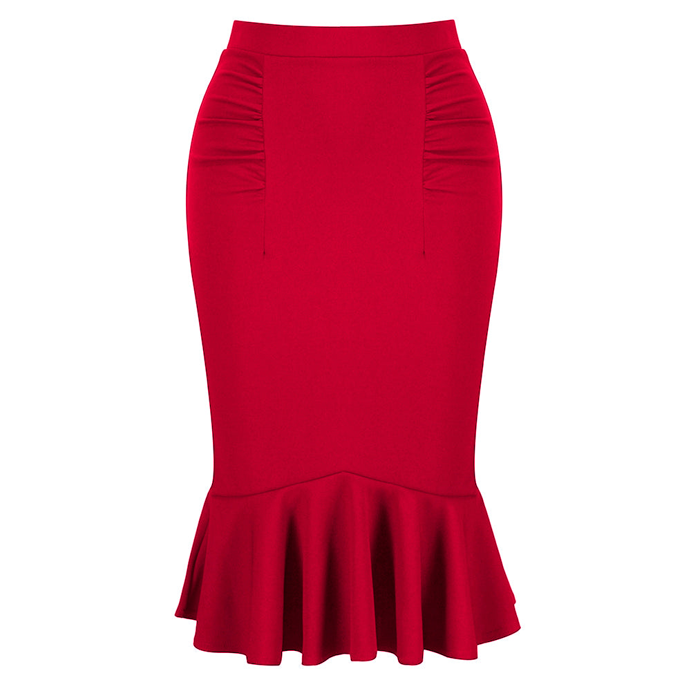 Red Peplum Fishtail Stretch Pencil Bodycon Skirt – Pretty Kitty