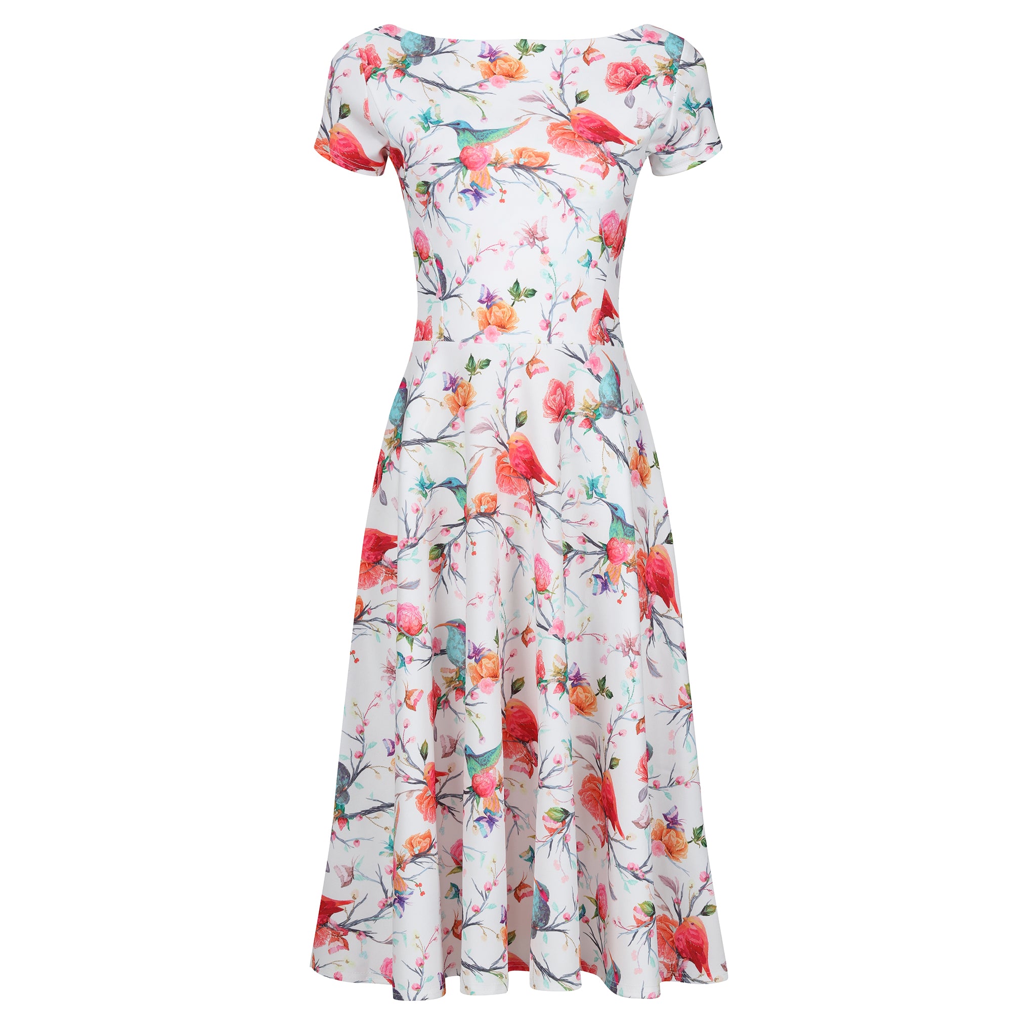 White Floral, Bird & Butterfly Print Cap Sleeve 50s Audrey Swing Dress