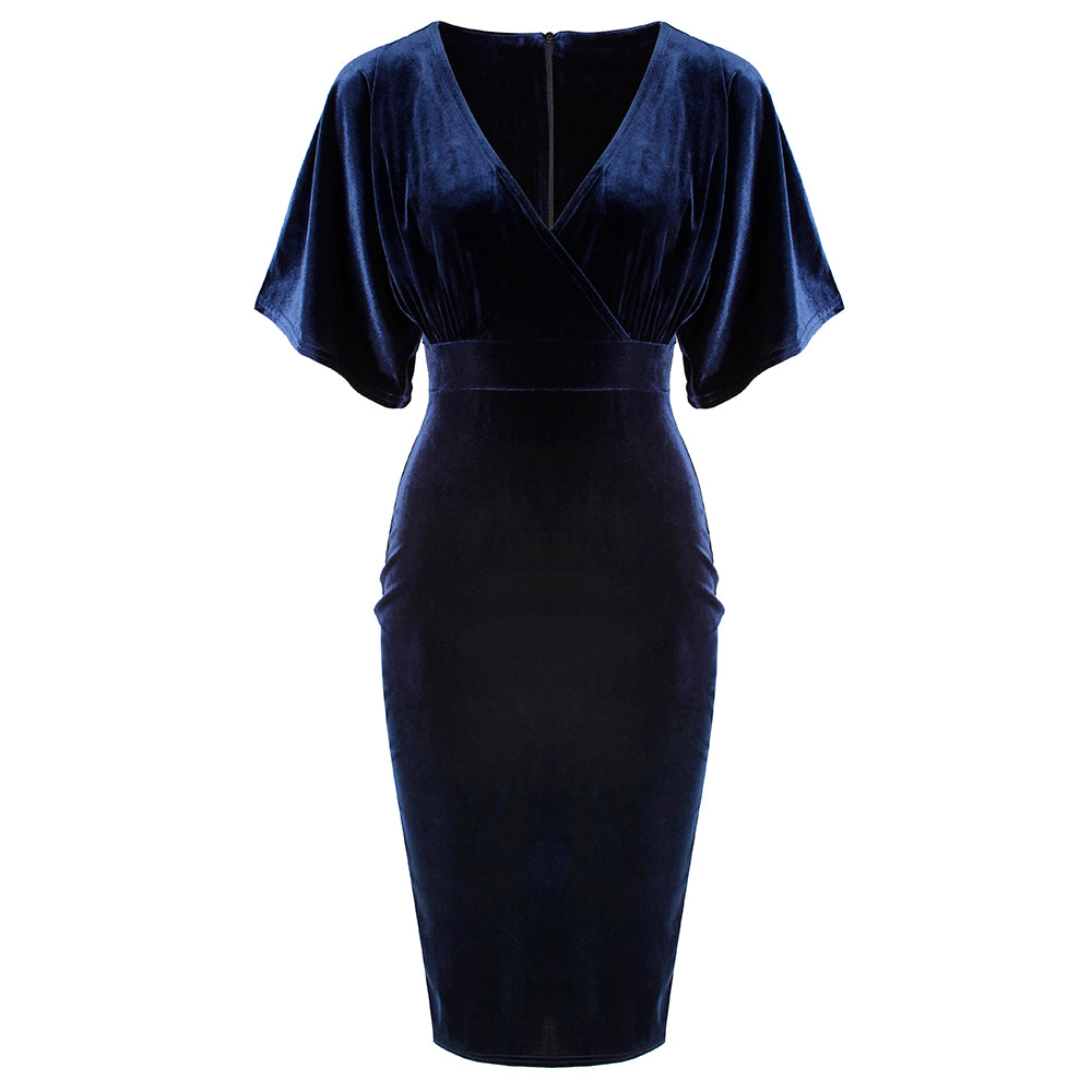 Navy Blue Velour Half Batwing Sleeve Crossover Top Wiggle Dress Pretty Kitty Fashion Navy Blue Velour Half Batwing Sleeve Crossover Top Wiggle Dress Pretty Kitty Fashion