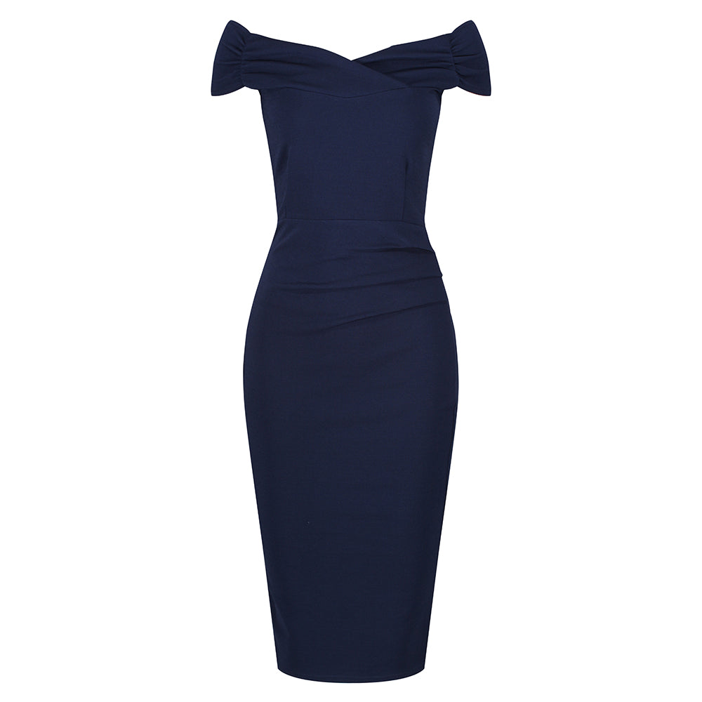 Navy Blue Cap Sleeve Crossover Top Bardot Wiggle Dress - Pretty Kitty Fashion