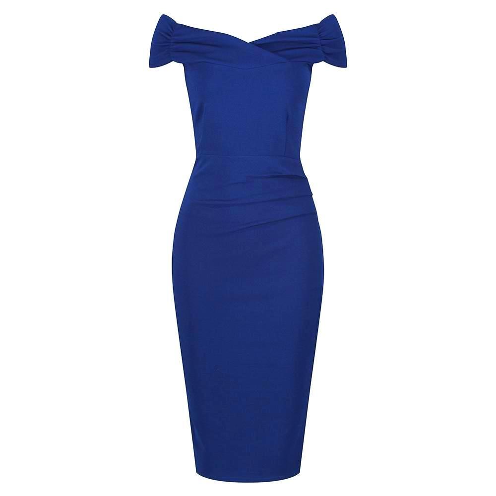 Royal Blue Cap Sleeve Crossover Top Bardot Wiggle Pencil Dress - Pretty Kitty Fashion
