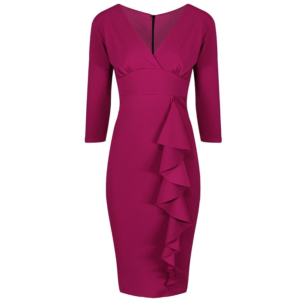 Pink 3/4 Sleeve Empire Waist Waterfall Ruffle Wiggle Pencil Dress - Pretty Kitty Fashion
