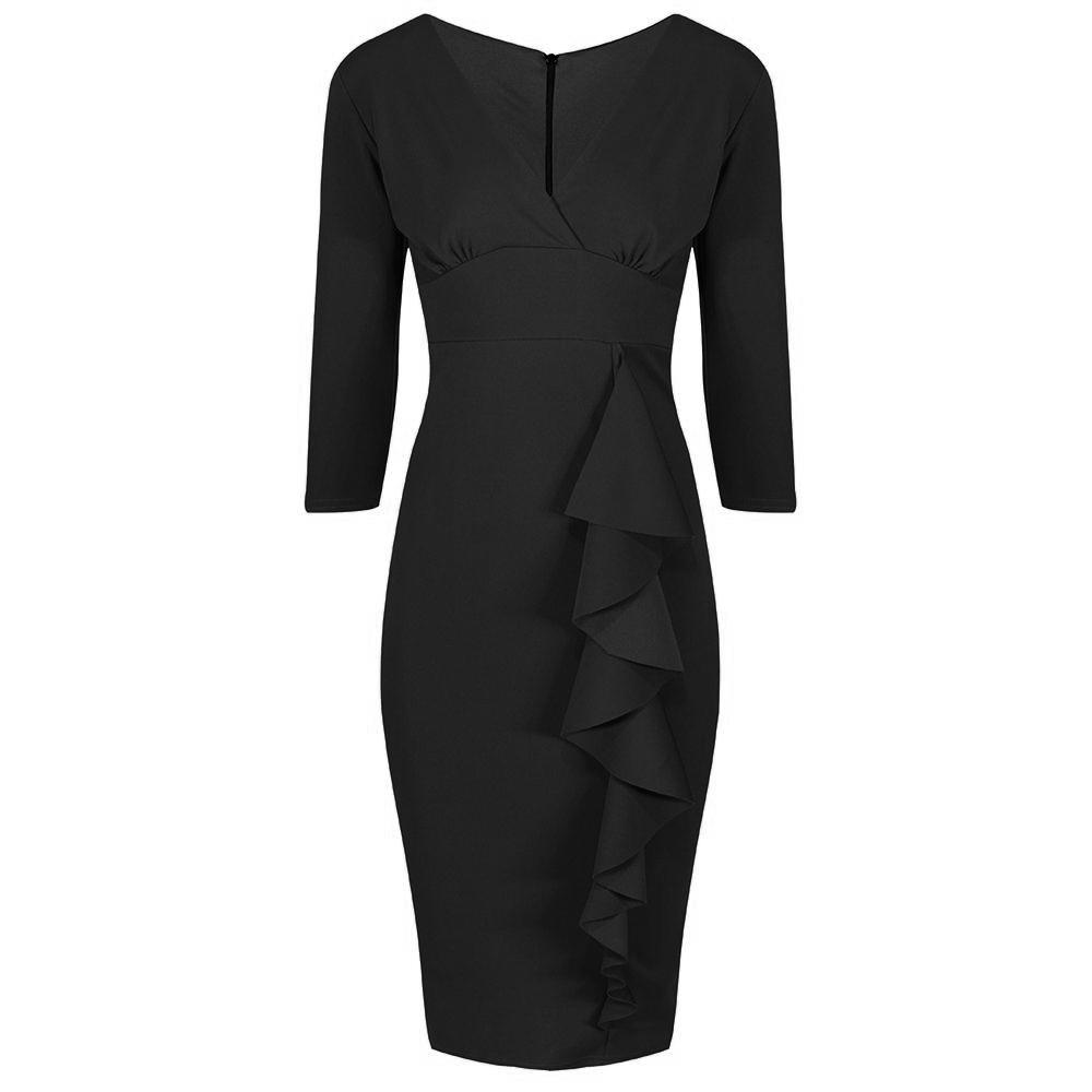 Black 3/4 Sleeve Empire Waist Waterfall Ruffle Wiggle Pencil Dress - Pretty Kitty Fashion