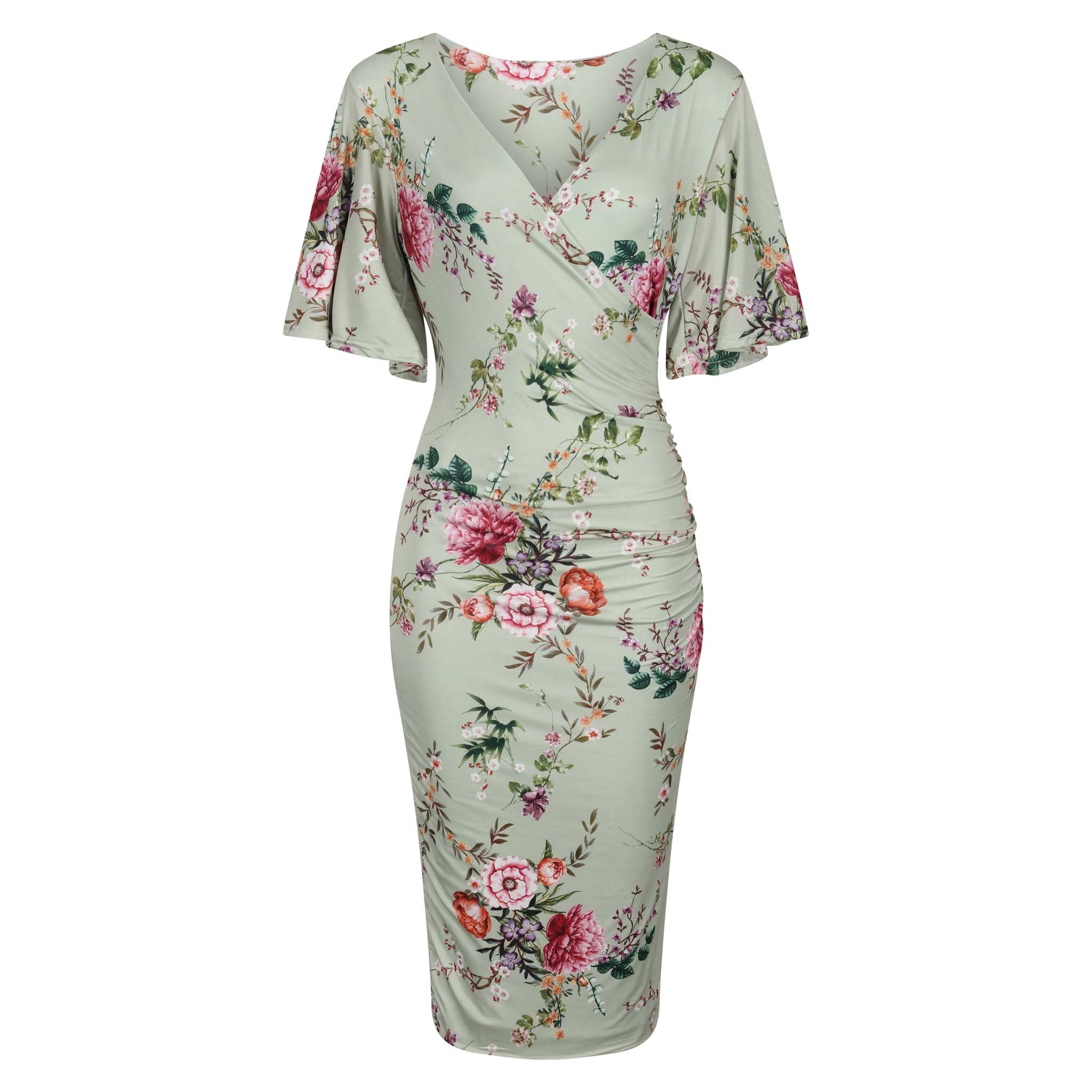 1940s Sage Green Floral Slinky Wiggle Pencil Dress | Wrap V Neck with Flutter Sleeves and Ruching | Knee Length | UK Made Pretty Kitty Fashion 1940s Sage Green Floral Slinky Wiggle Pencil Dress | Wrap V Neck with Flutter Sleeves and Ruching | Knee Length | UK Made Pretty Kitty Fashion