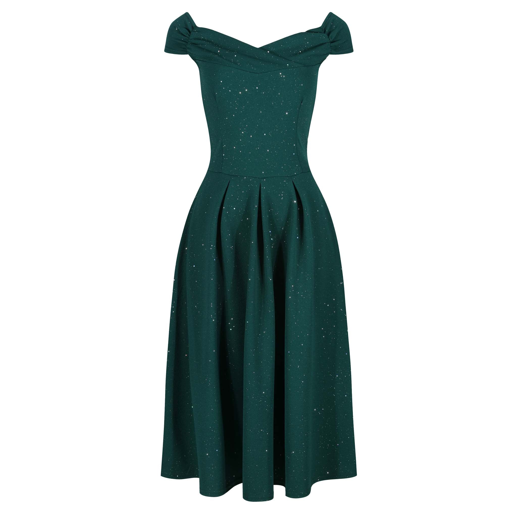 Forest Green Sparkly Crossover Bust Bardot Style 50s Swing Dress