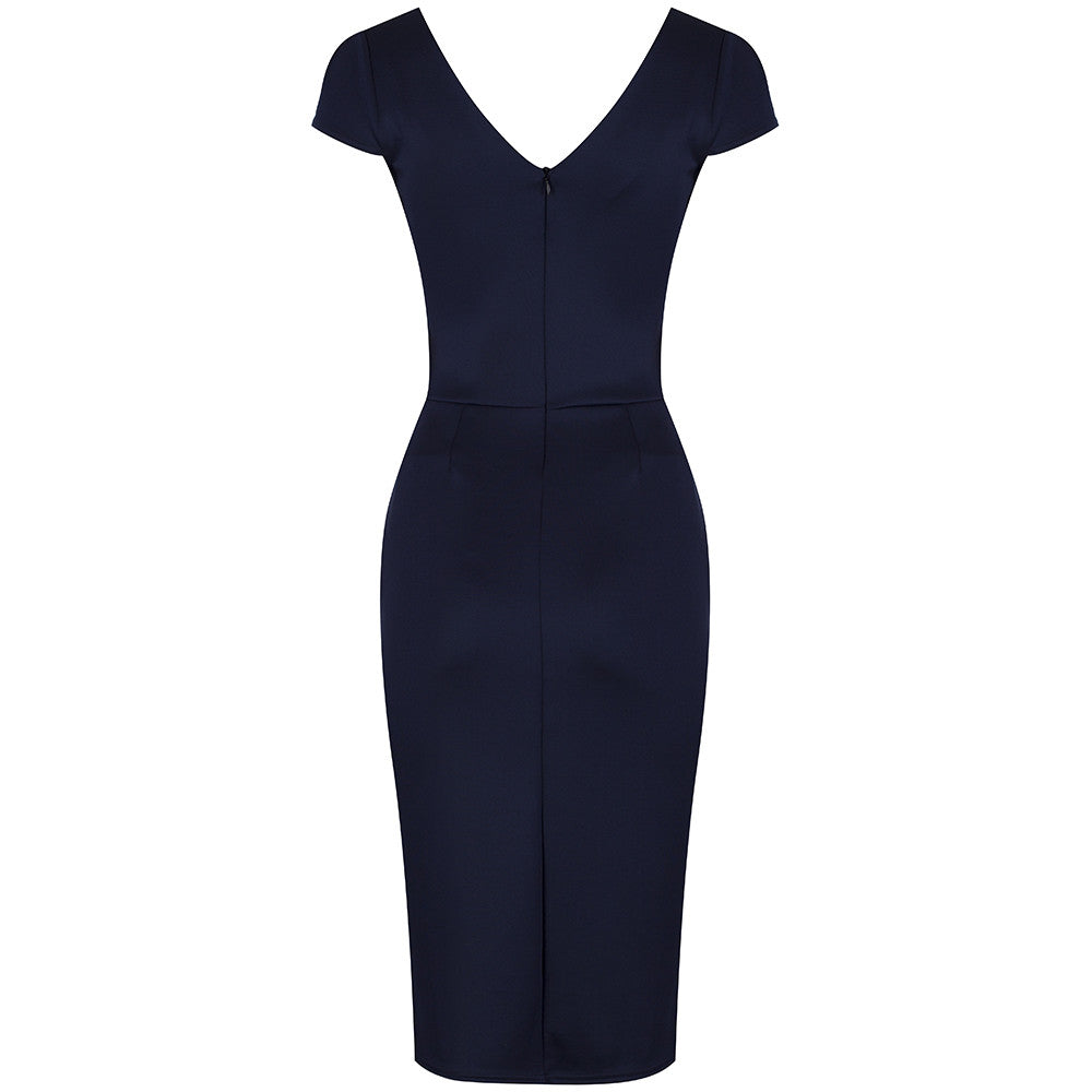 Navy Blue Capped Sleeve Bodycon Wiggle Dress - Pretty Kitty Fashion