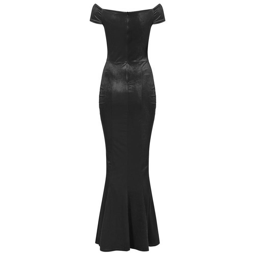 Black Cap Sleeve Crossover Bust Fishtail Hem Velour Maxi Dress - Pretty Kitty Fashion