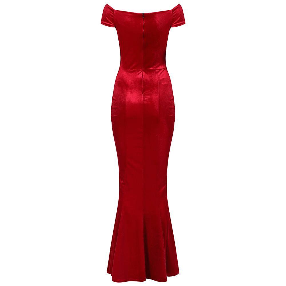 Red Cap Sleeve Crossover Bust Fishtail Hem Velour Maxi Dress - Pretty Kitty Fashion