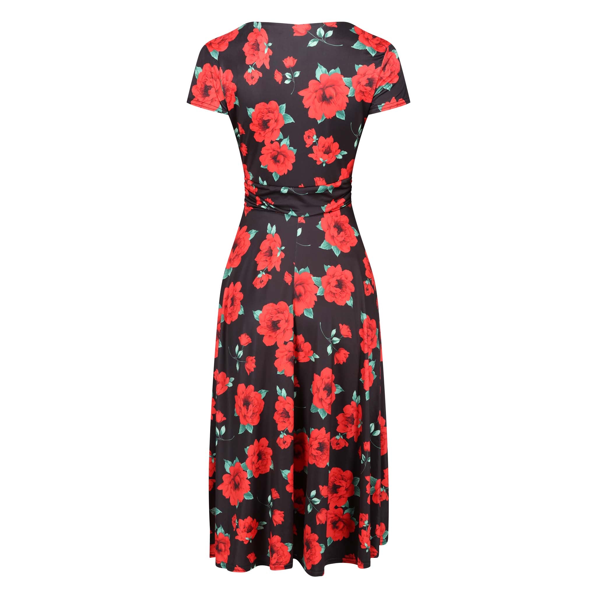 Black And Red Rose Print Cap Sleeve Fit And Flare Midi Dress