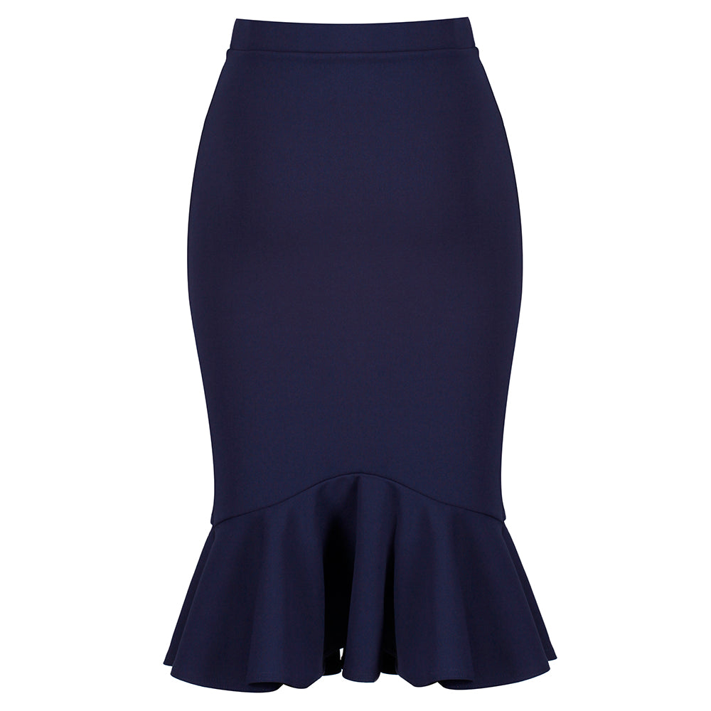 Navy Blue Peplum Fishtail Stretch Pencil Bodycon Skirt - Pretty Kitty Fashion