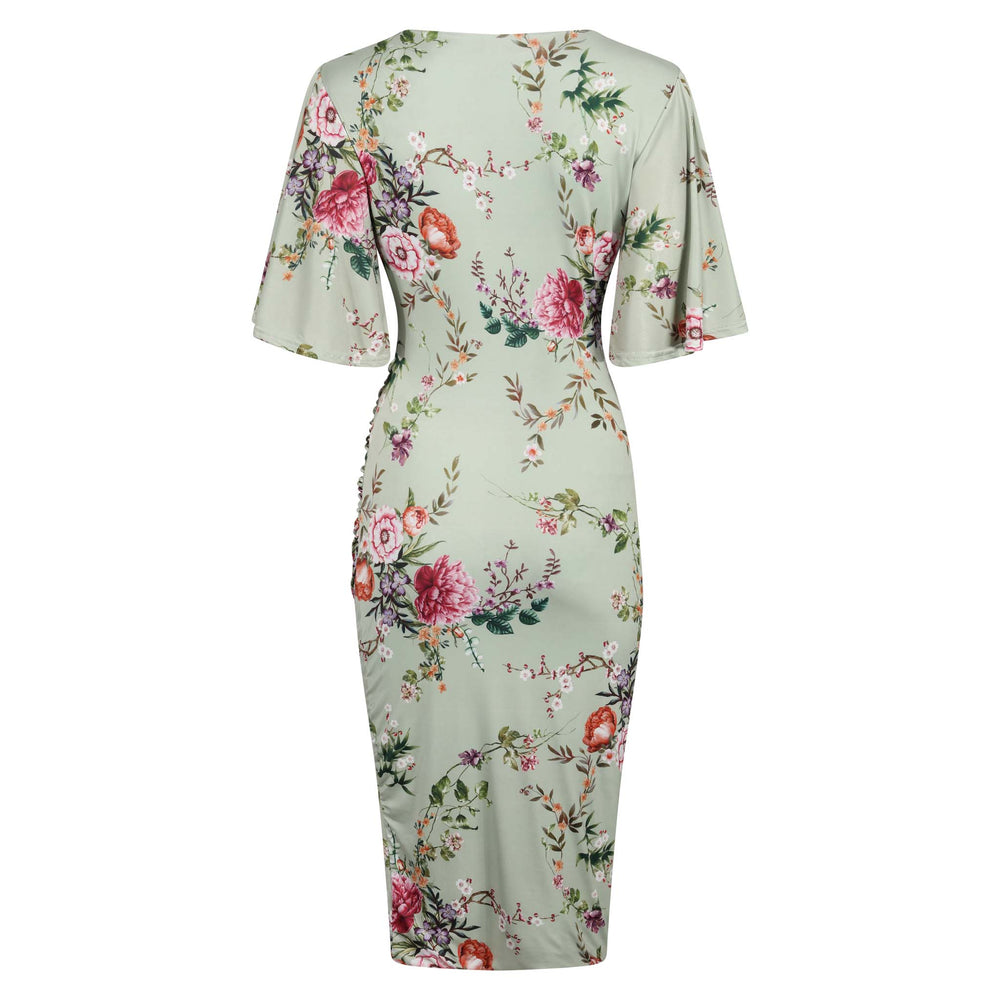 Sage Green Floral Print Butterfly Sleeve Slinky Pencil Cocktail Dress - Pretty Kitty Fashion