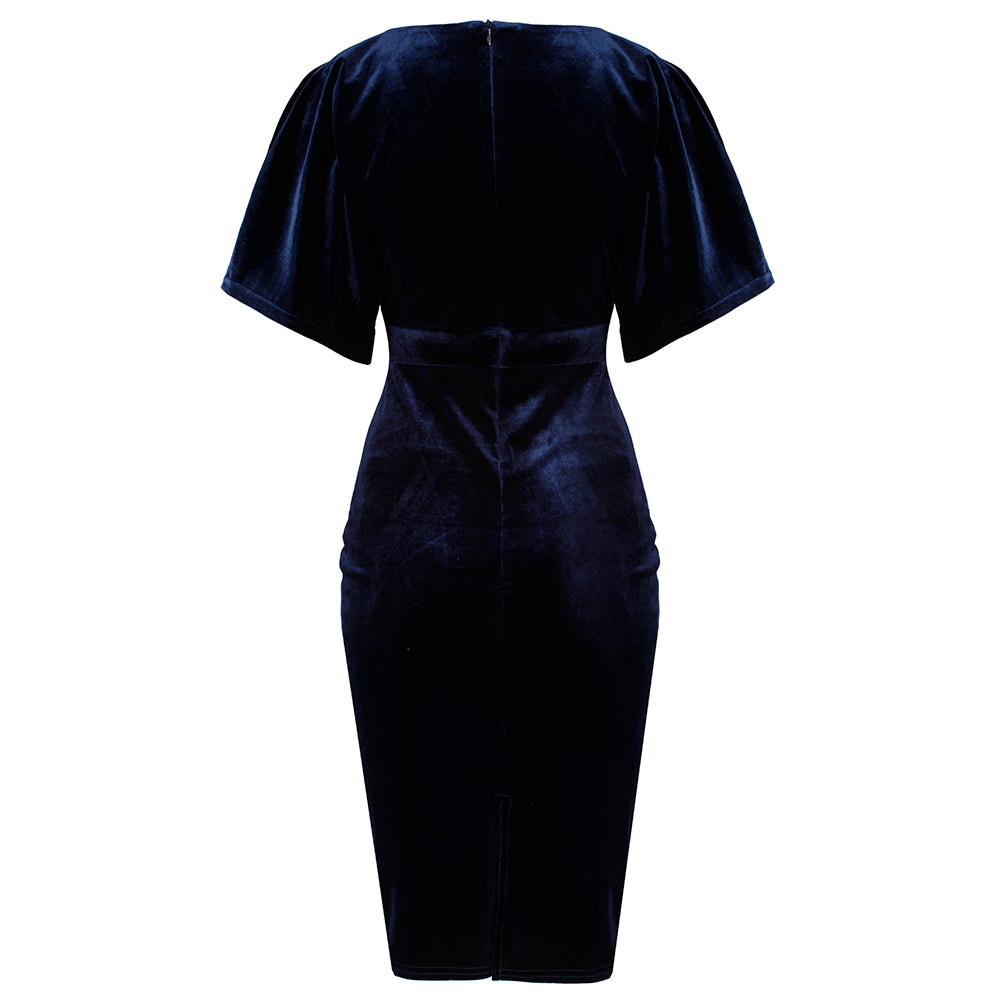 Navy Blue Velour Half Batwing Sleeve Crossover Top Wiggle Dress - Pretty Kitty Fashion