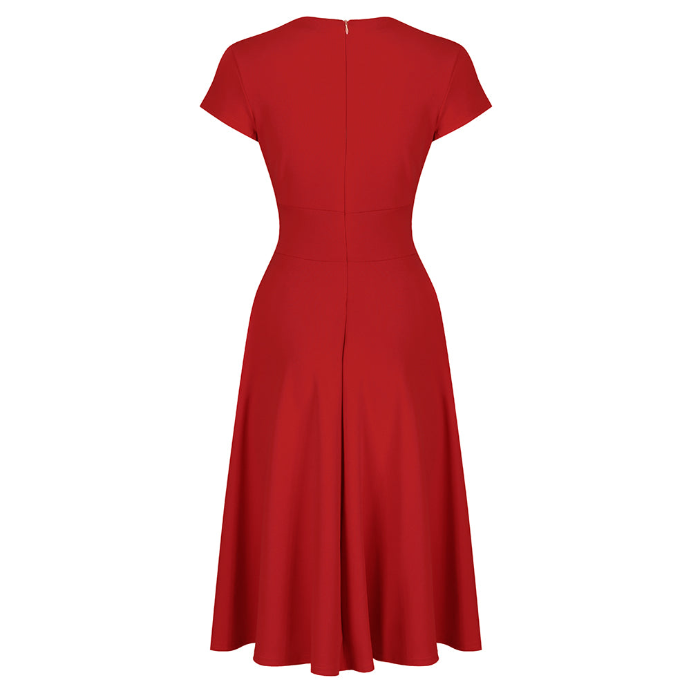Red Vintage A Line Crossover Capped Sleeve Tea Swing Dress - Pretty Kitty Fashion