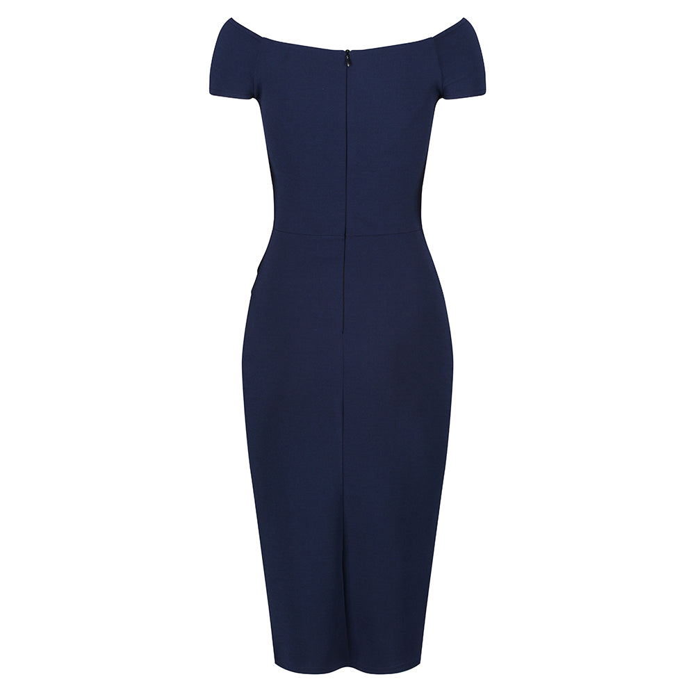 Navy Blue Cap Sleeve Crossover Top Bardot Wiggle Dress - Pretty Kitty Fashion
