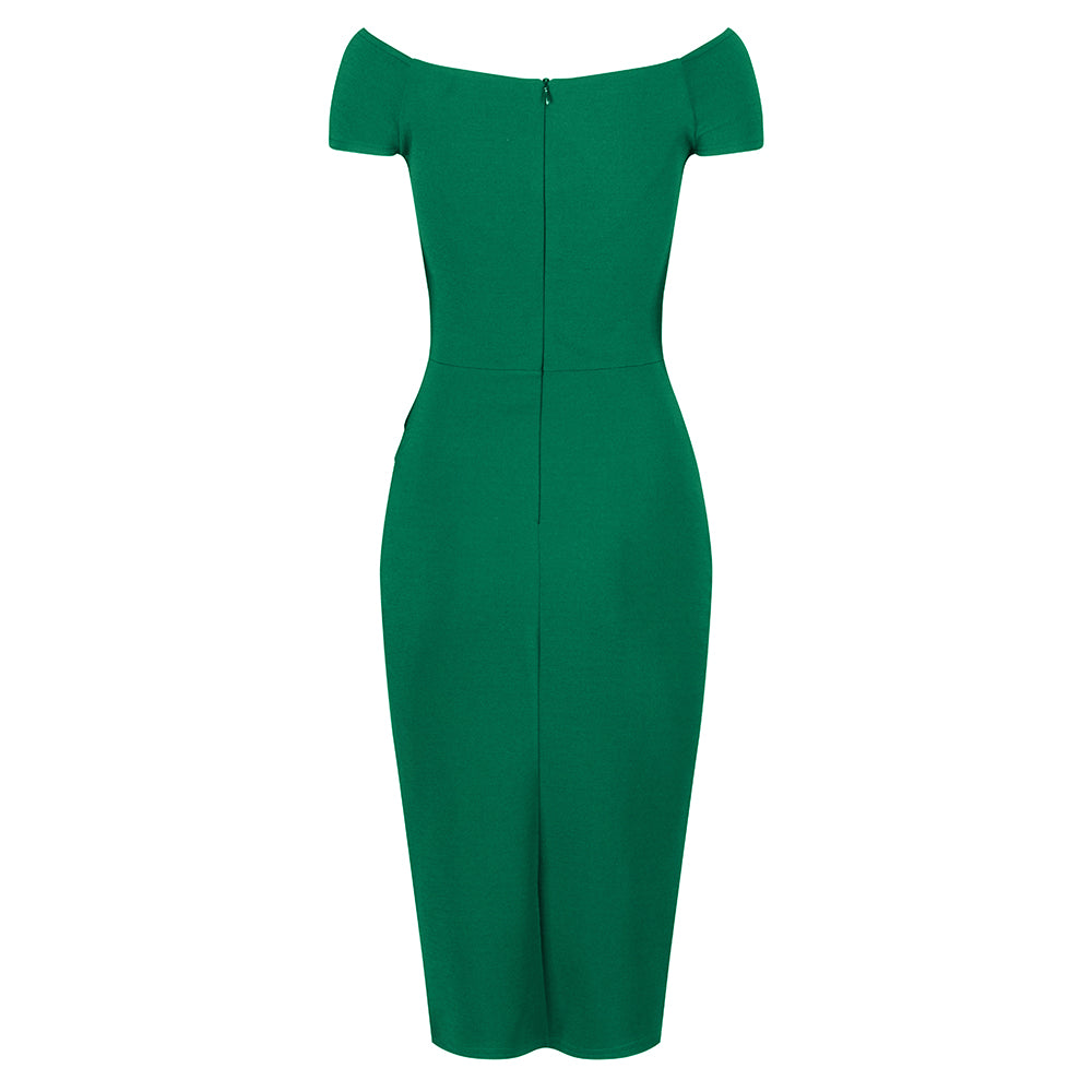 Emerald Green Cap Sleeve Crossover Top Bardot Wiggle Dress - Pretty Kitty Fashion