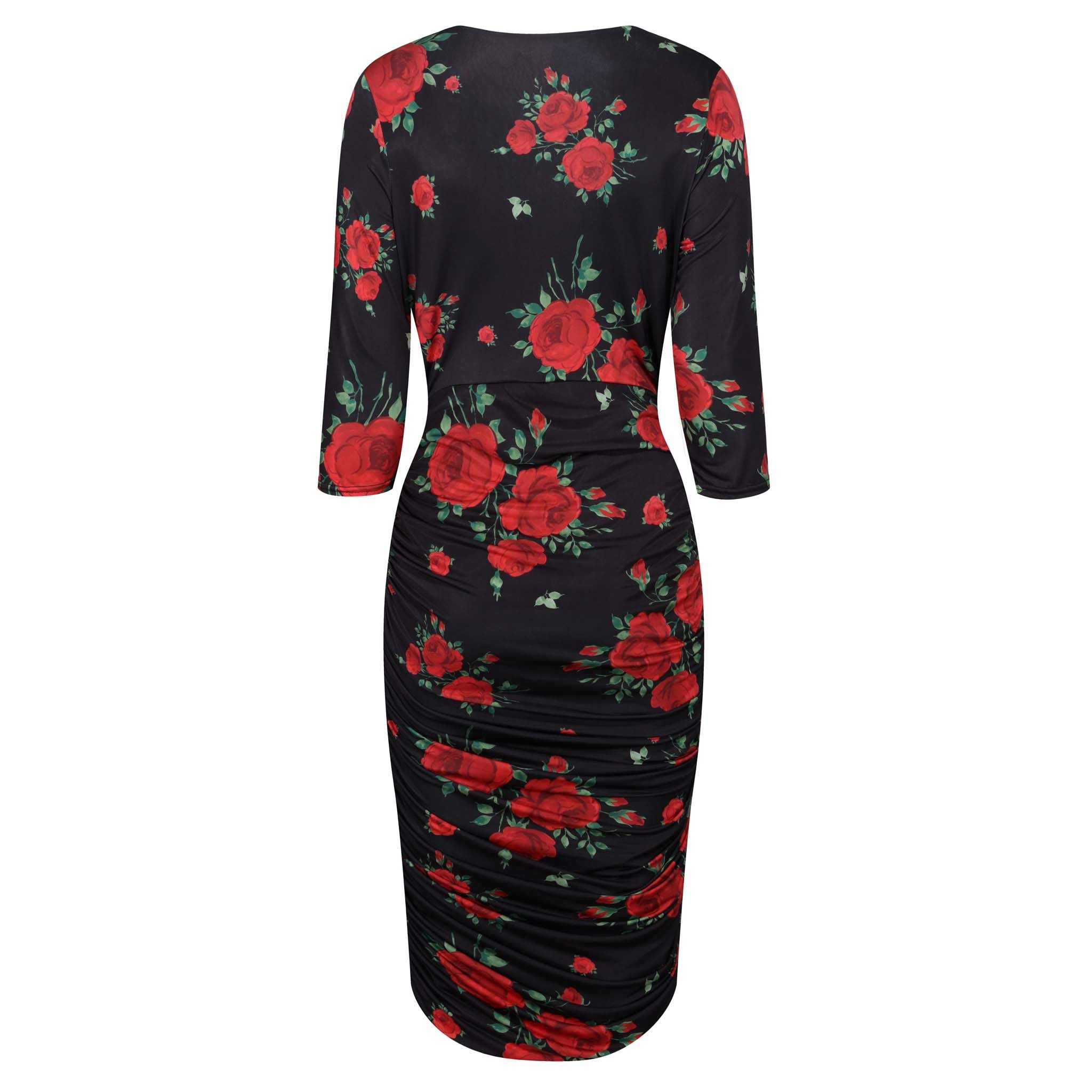 Black And Red Rose Print 3/4 Sleeve Wrap Over Midi Dress