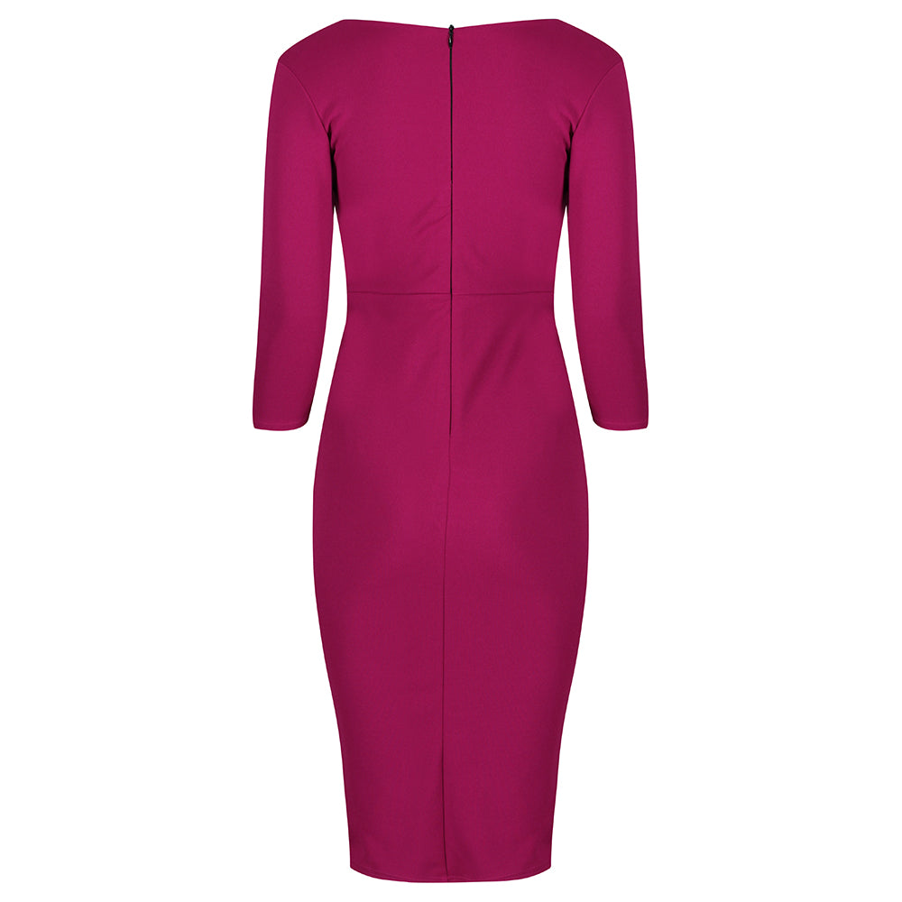 Pink 3/4 Sleeve Empire Waist Waterfall Ruffle Wiggle Pencil Dress - Pretty Kitty Fashion