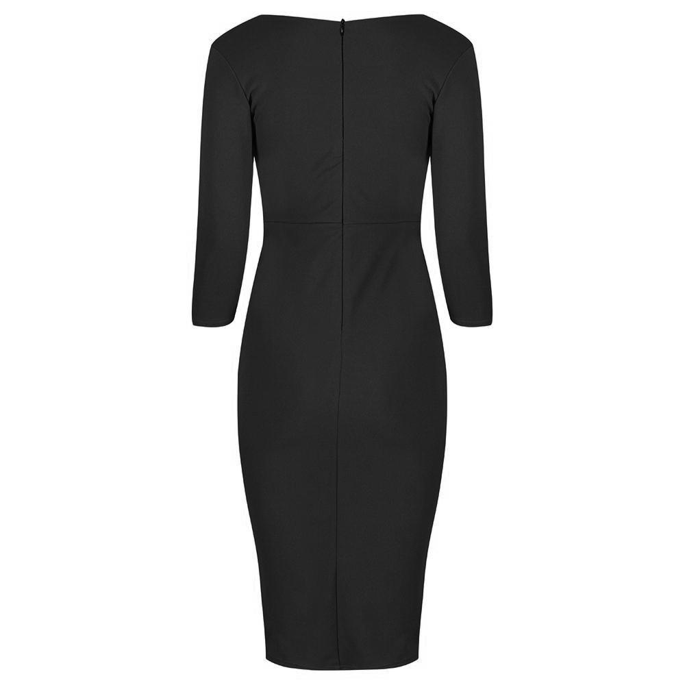 Black 3/4 Sleeve Empire Waist Waterfall Ruffle Wiggle Pencil Dress - Pretty Kitty Fashion