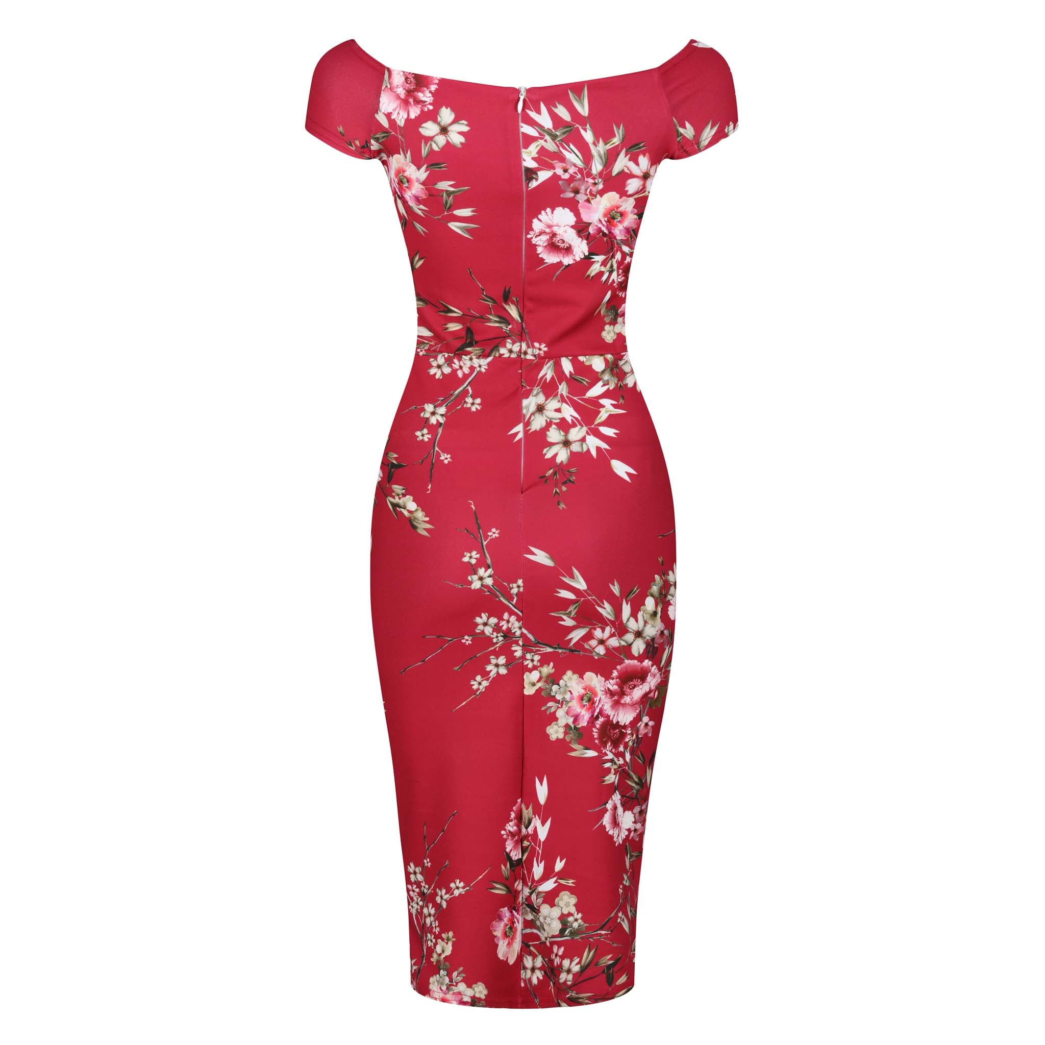 Red Floral Print Cap Sleeve Crossover Top Bardot Wiggle Dress