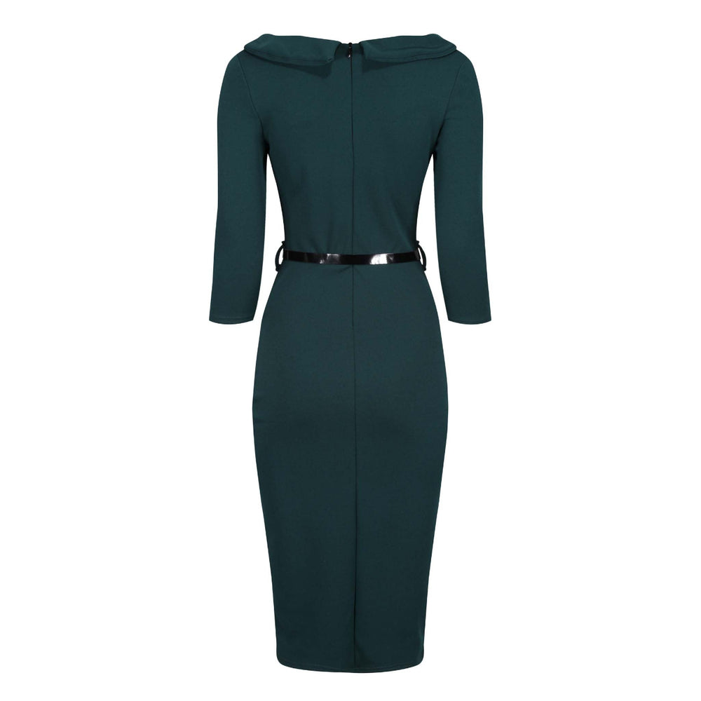 Forest Green Black Belted Bow Corsage Pencil Dress