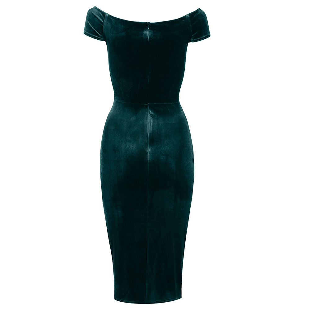 Vintage Green Velour Cap Sleeve Crossover Top Bardot Wiggle Dress - Pretty Kitty Fashion