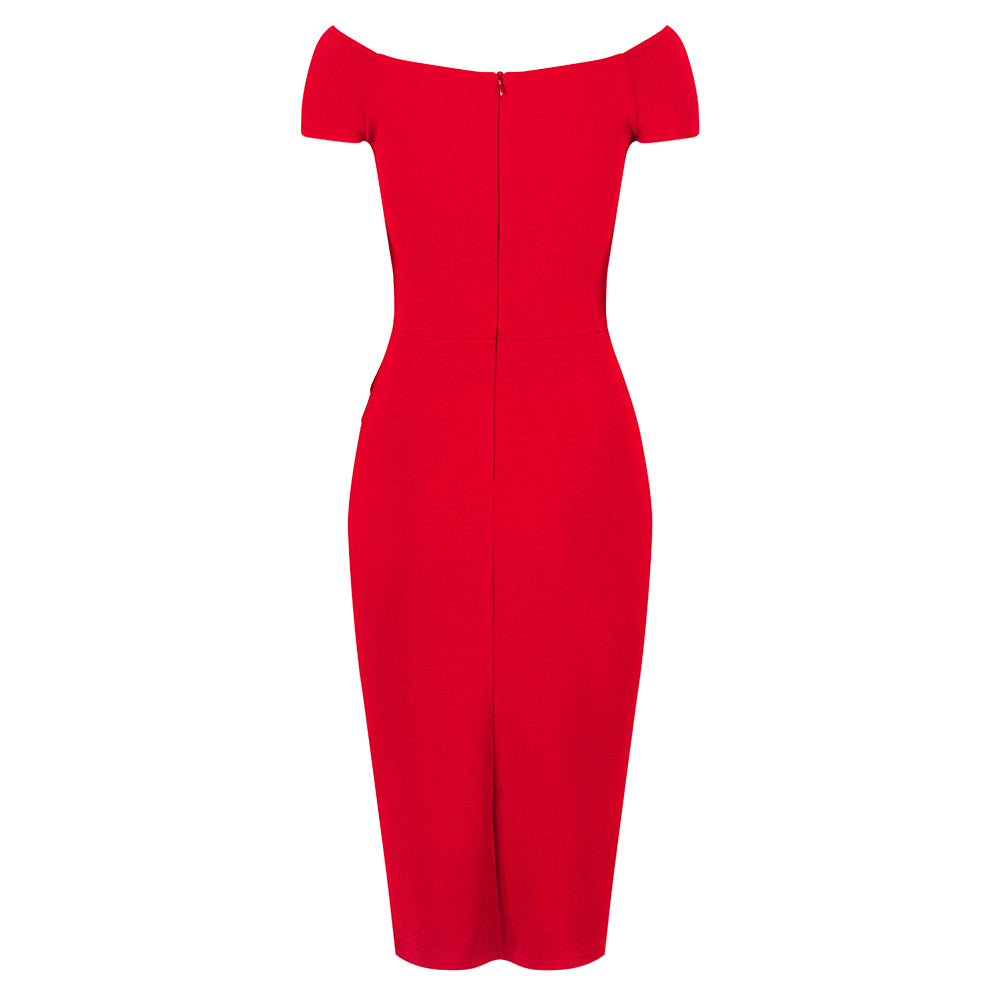 Red Cap Sleeve Crossover Top Bardot Wiggle Dress - Pretty Kitty Fashion