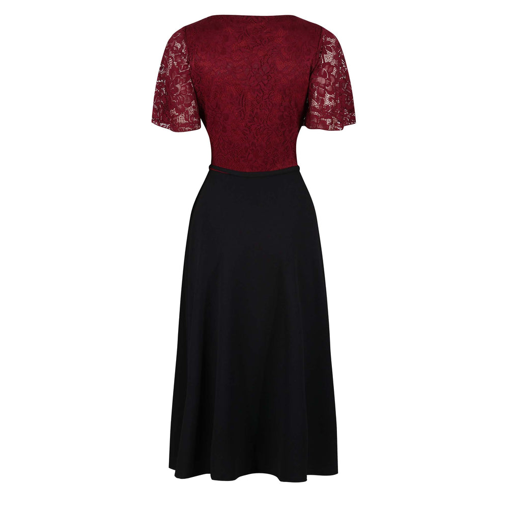 Burgundy Red Lace Top and Black Waterfall Skirt Dress - Pretty Kitty Fashion