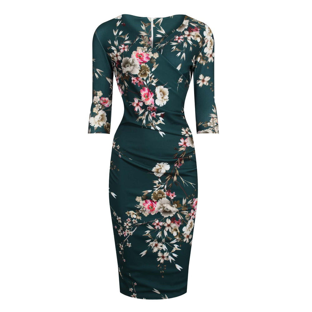 Forest Green Floral Print 40s 3/4 Sleeve Wiggle Wrap Dress
