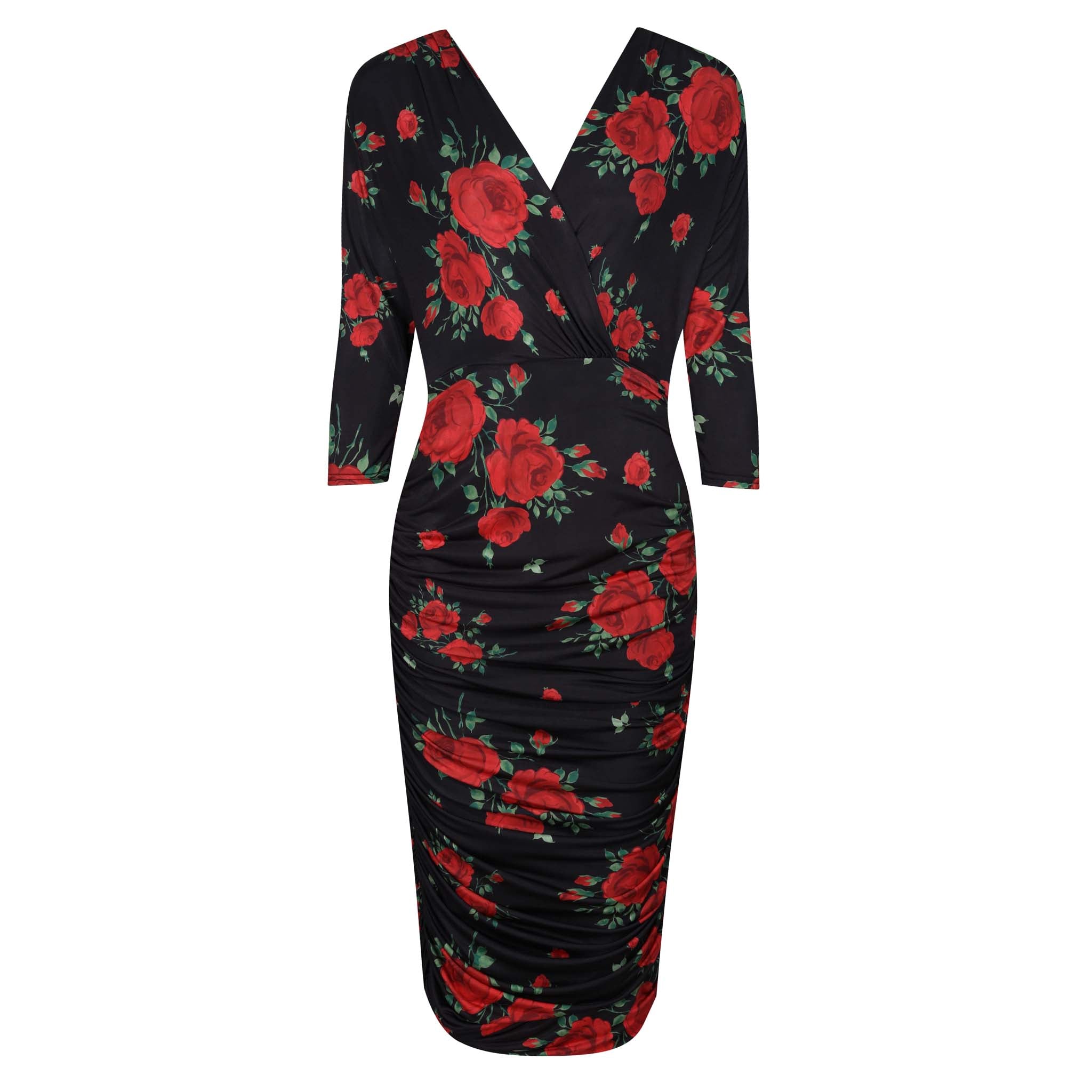 Black And Red Rose Print 3/4 Sleeve Wrap Over Midi Dress