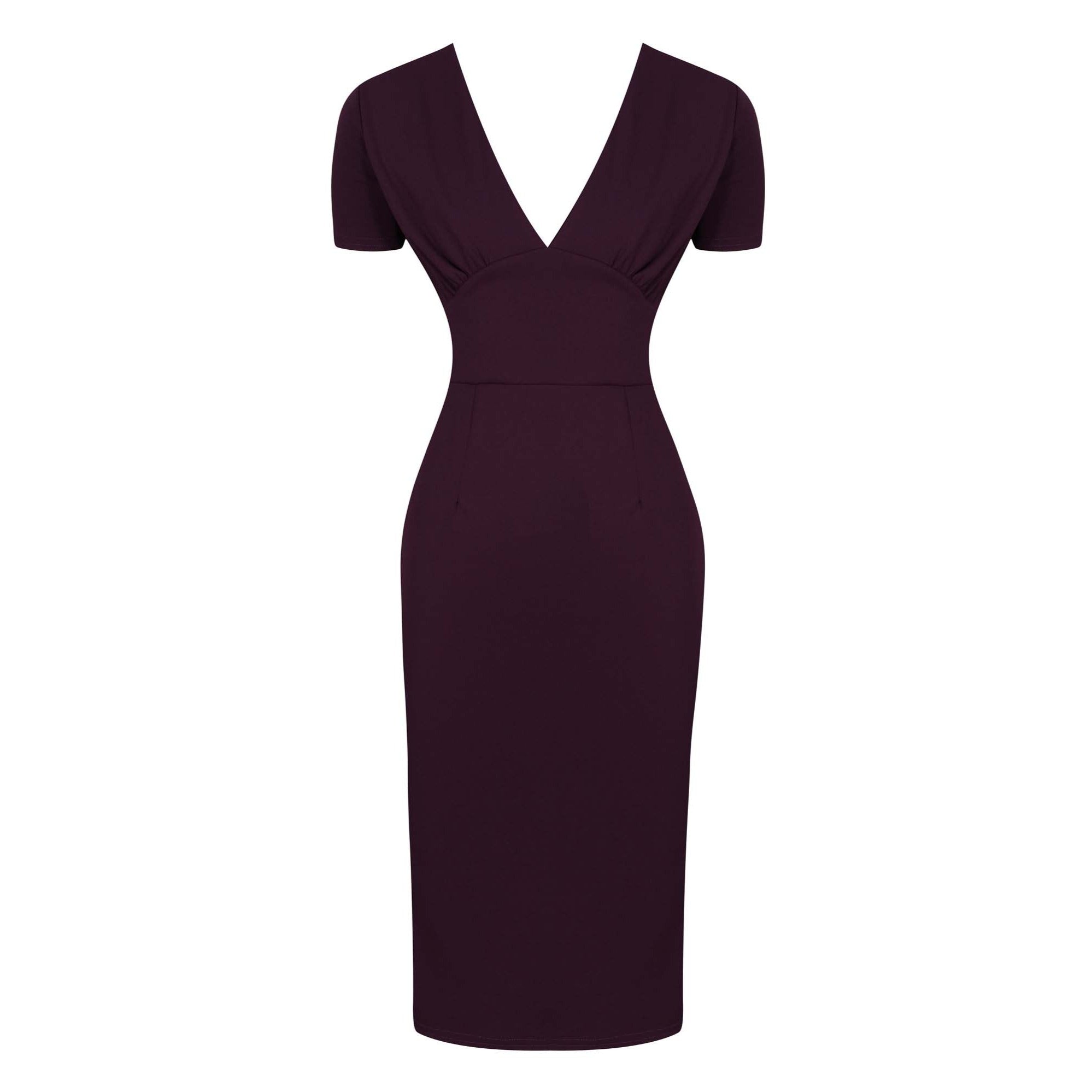 Aubergine Purple Short Sleeve Deep V Neck Bodycon Midi Dress