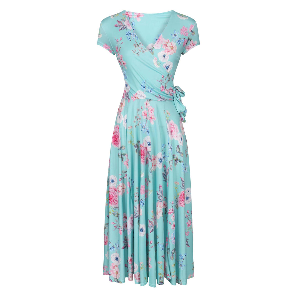 Aqua Mint Floral Print Cap Sleeve Crossover Top Swing Dress