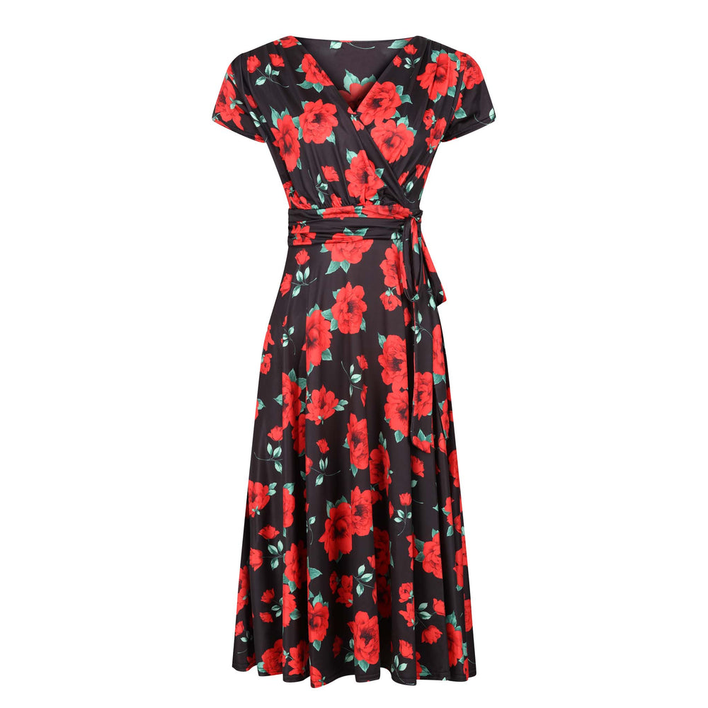 Black And Red Rose Print Cap Sleeve Fit And Flare Midi Dress