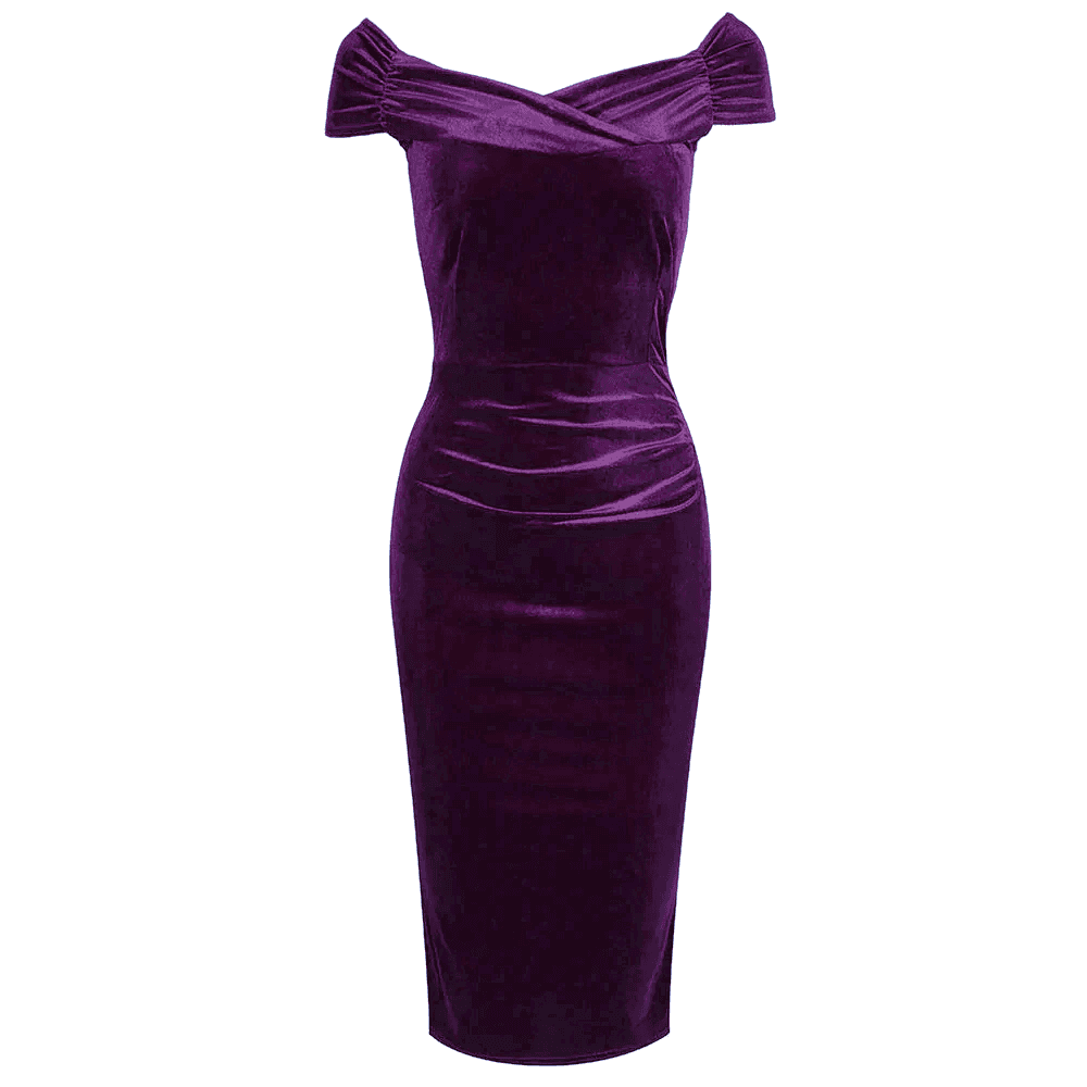 Purple Velour Cap Sleeve Crossover Top Bardot Wiggle Dress Pretty Kitty Fashion