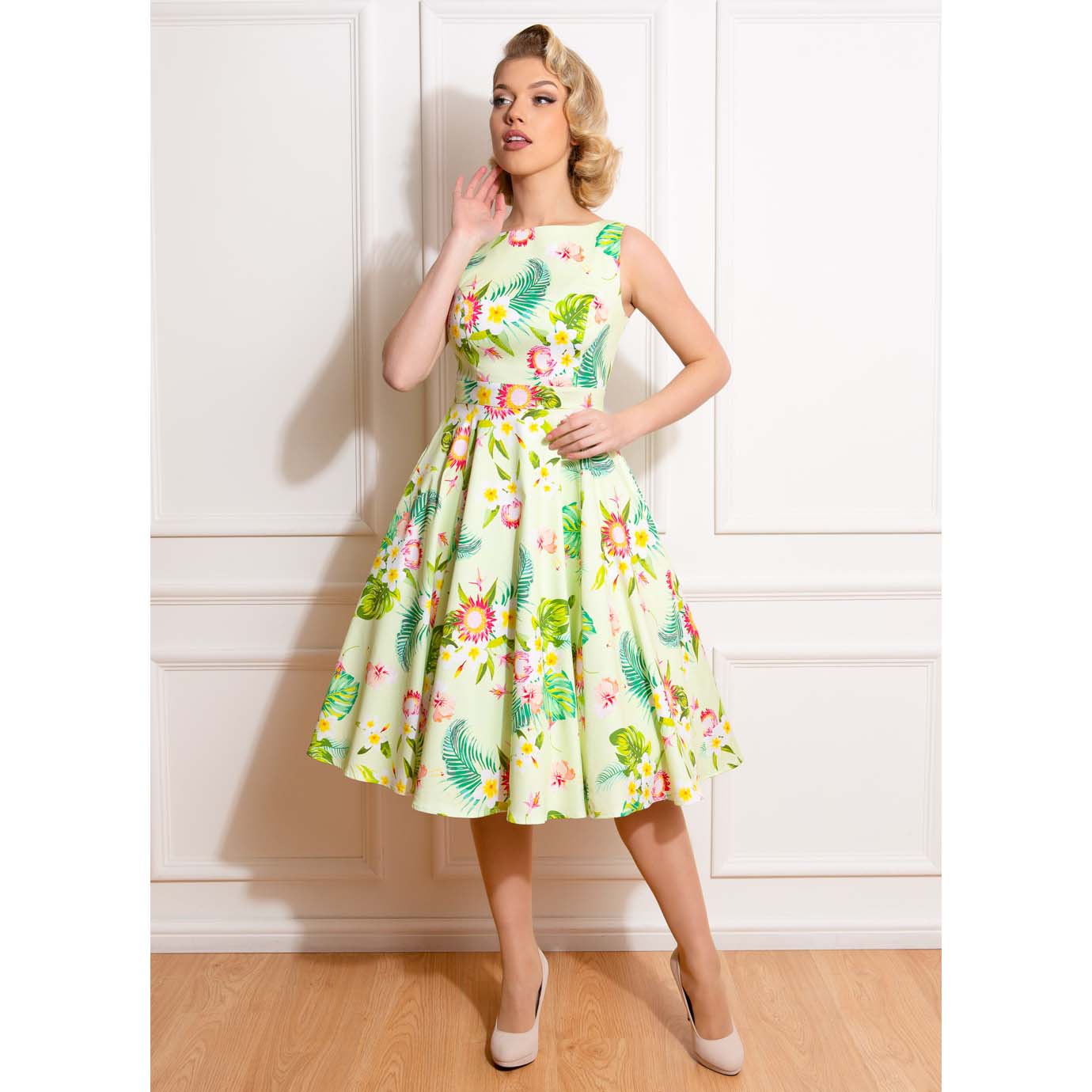 Green Tropical Floral Audrey Rockabilly 50s Swing Dress Pretty Kitty Fashion Green Tropical Floral Audrey Rockabilly 50s Swing Dress Pretty Kitty Fashion