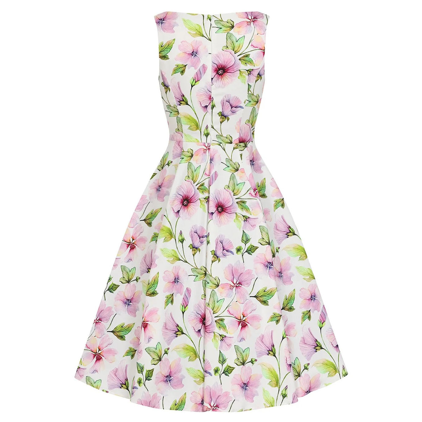 White & Spring Floral Print Audrey Style 50s Swing Dress