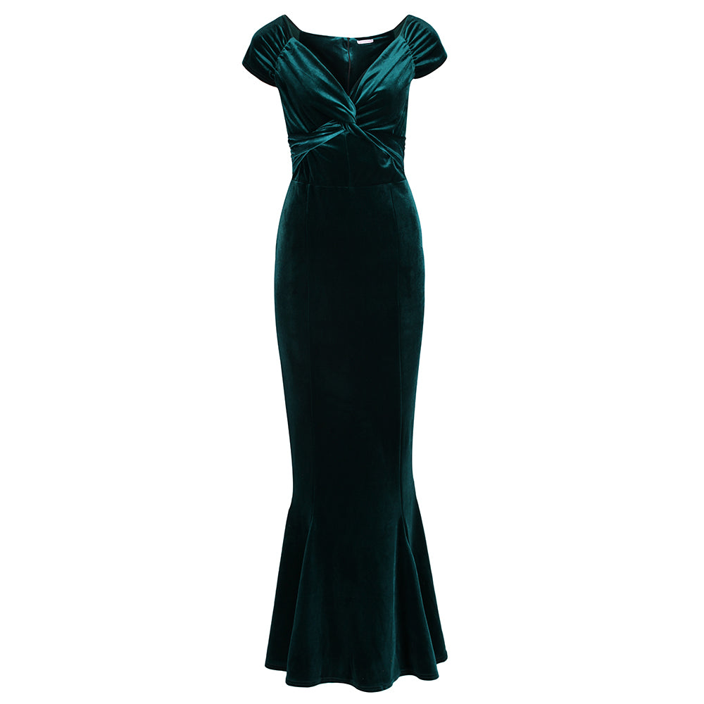 Emerald Green Cap Sleeve Twist Bust Fishtail Hem Velour Maxi Dress - Pretty Kitty Fashion