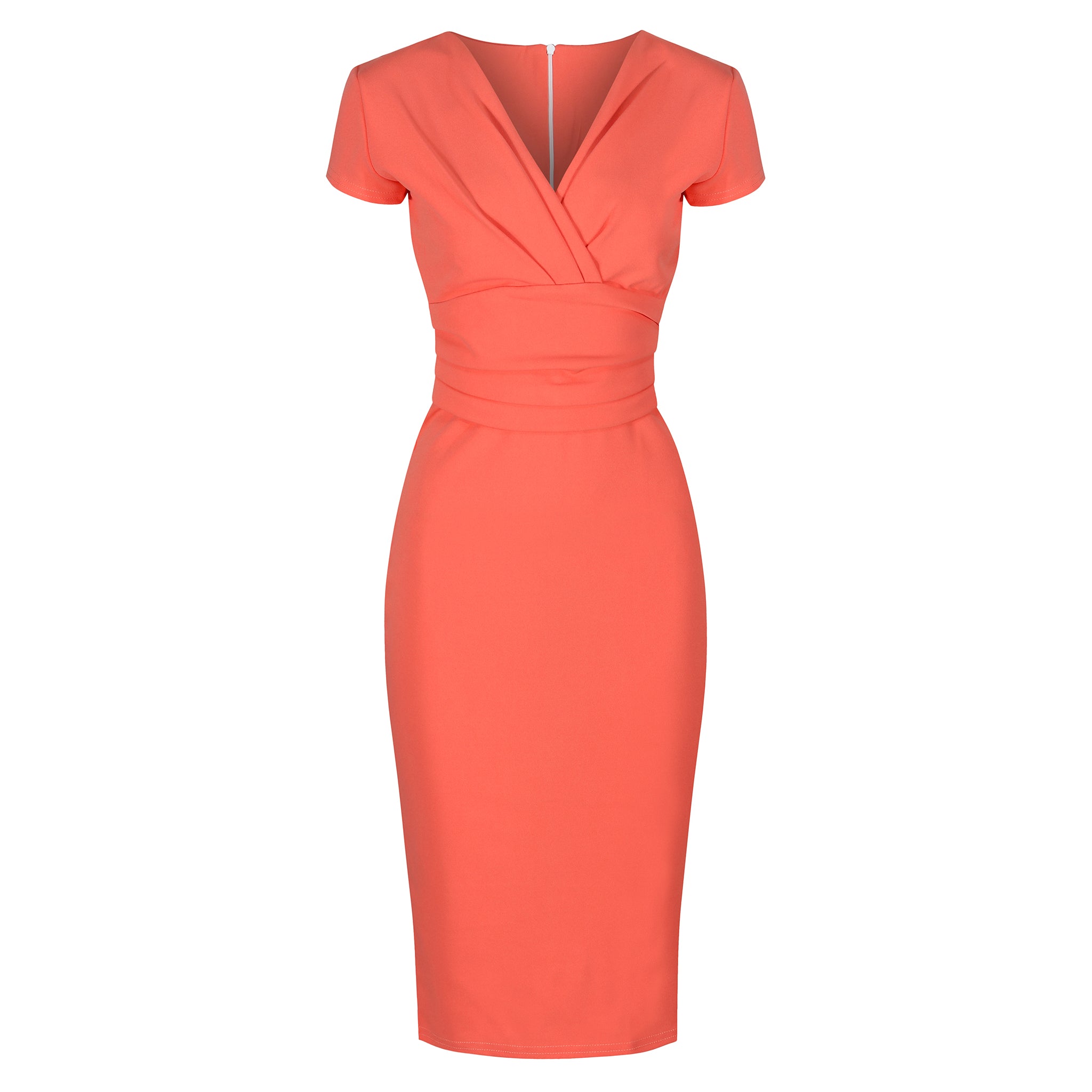 Coral Deep V Cap Sleeve Bodycon Ruched Waist Wiggle Dress Pretty Kitty Fashion Coral Deep V Cap Sleeve Bodycon Ruched Waist Wiggle Dress Pretty Kitty Fashion
