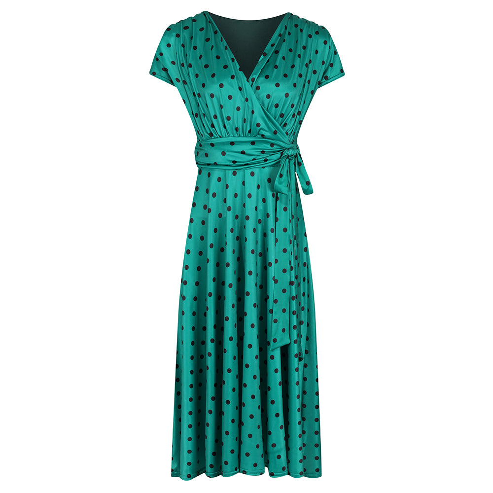 Jade Green Black Polka Dot Cap Sleeve Fit And Flare Midi Dress Pretty Kitty Fashion