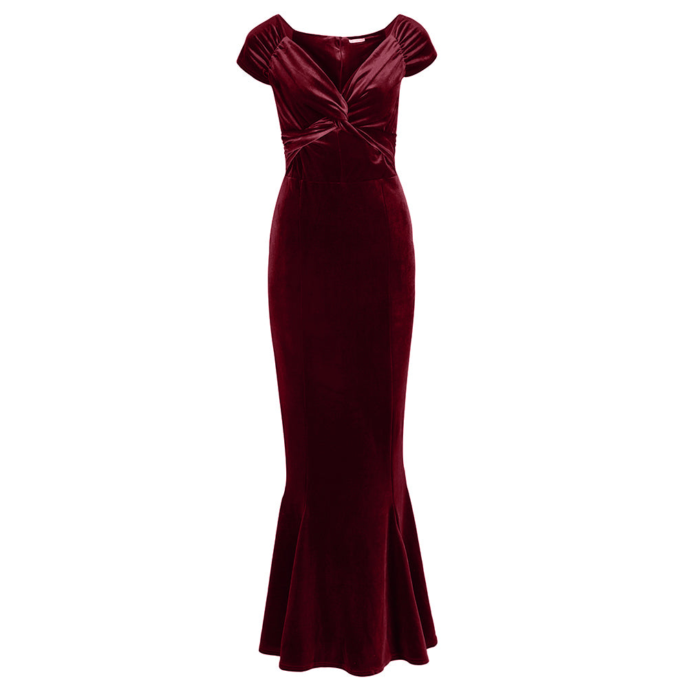 Claret Red Cap Sleeve Twist Bust Fishtail Hem Velour Maxi Dress - Pretty Kitty Fashion