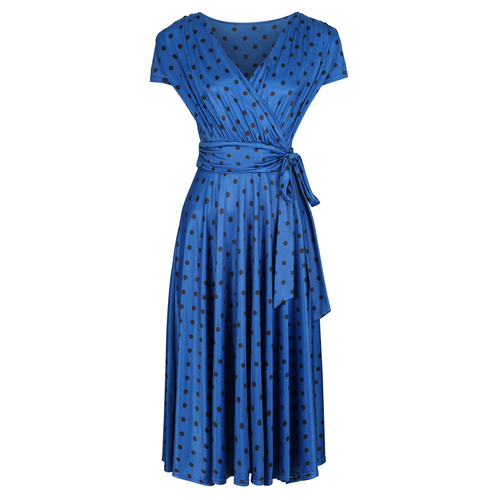 Classic Royal Blue Polka Dot Cap Sleeve Fit And Flare Midi Dress