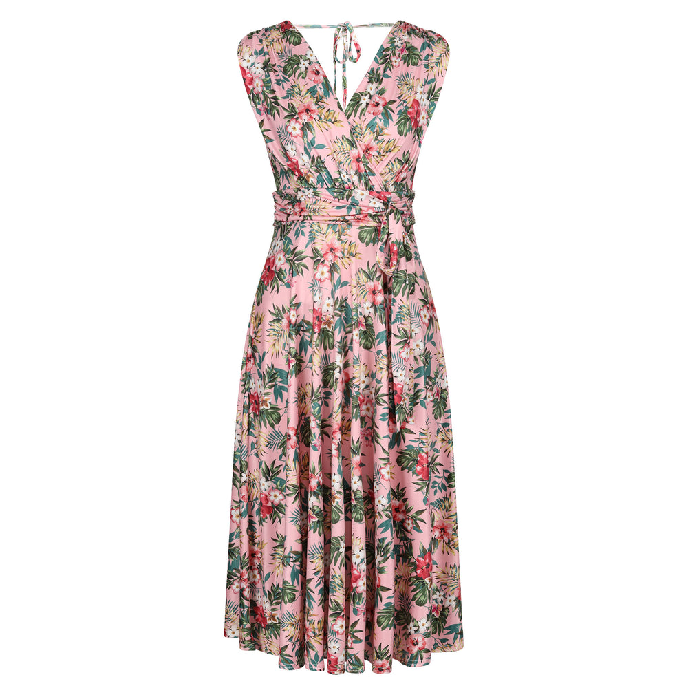 Pink Floral V Neck Crossover Top Empire Waist Swing Dress