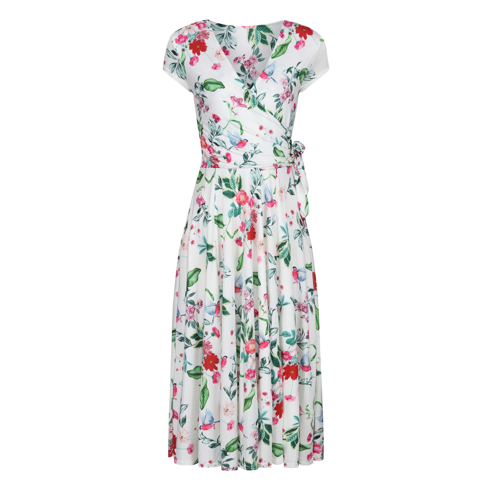 White Floral Bird Print Cap Sleeve Crossover Top Swing Dress