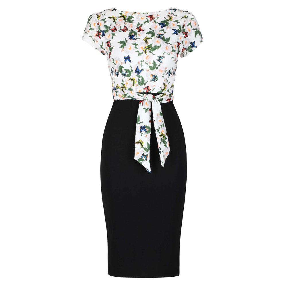 White Floral Butterfly Print Tie Front Bodycon Midi Dress