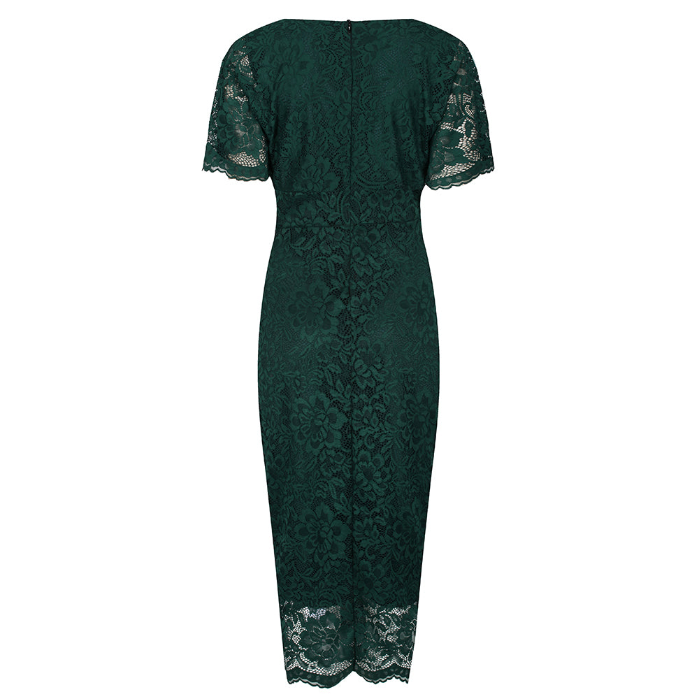 Forest Green Vintage Lace Detail Bodycon Midi Dress - Pretty Kitty Fashion